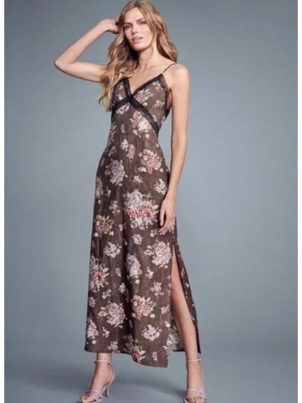 NWT Brock Collection H&M Maxi Slip Dress Floral Woodsy Lace Trim Brown Slits LG